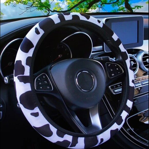 Cow Print White Black Western Neoprene Steering Wheel Cover - Picture 1 of 10
